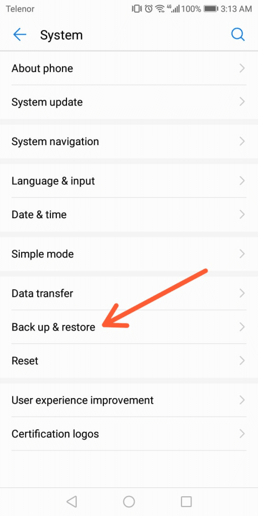 select back up & restore option